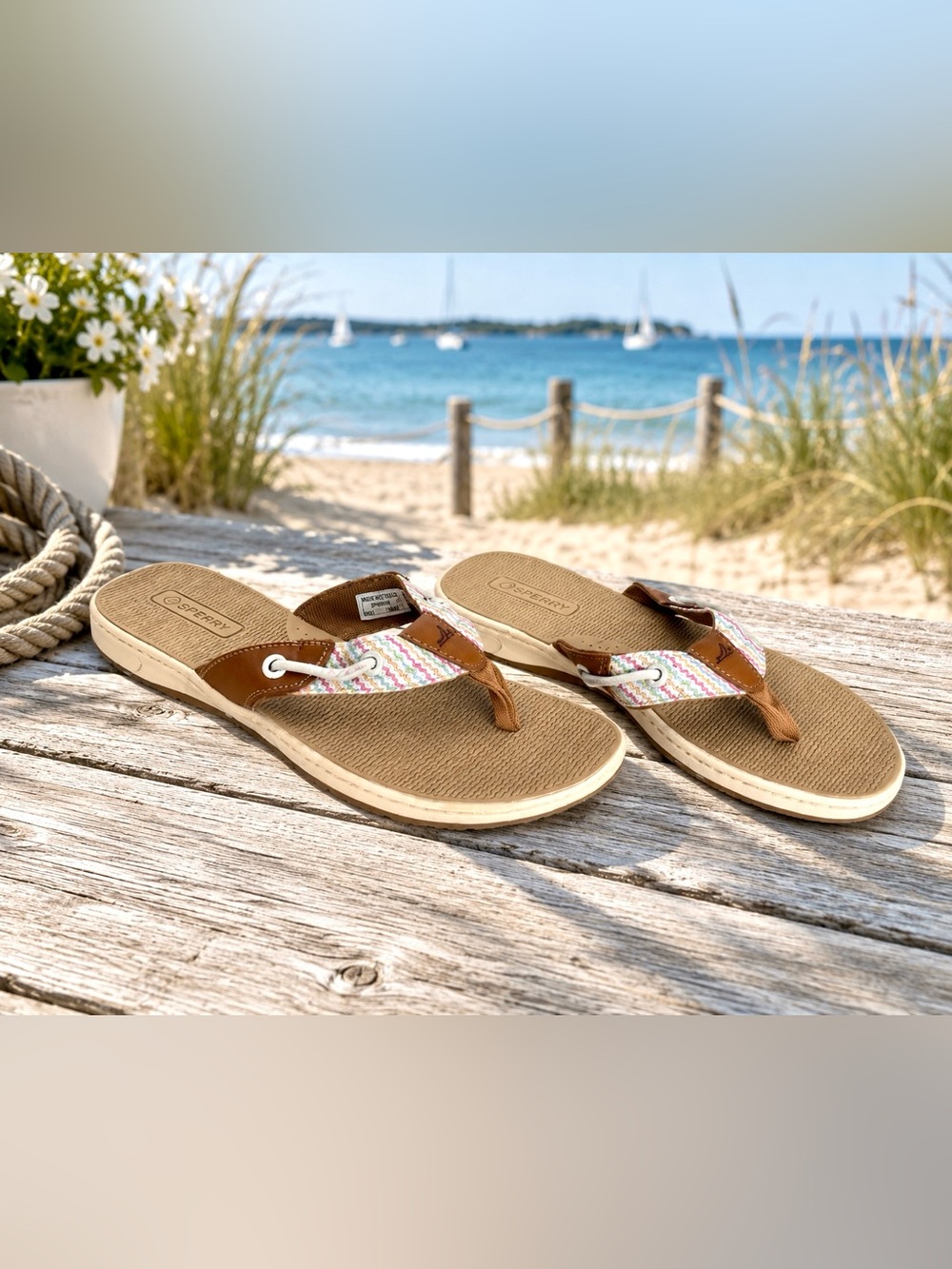 NWT Sperry Seafish Resort Sahara Flip Flops Size 6.5 Leather Sandals